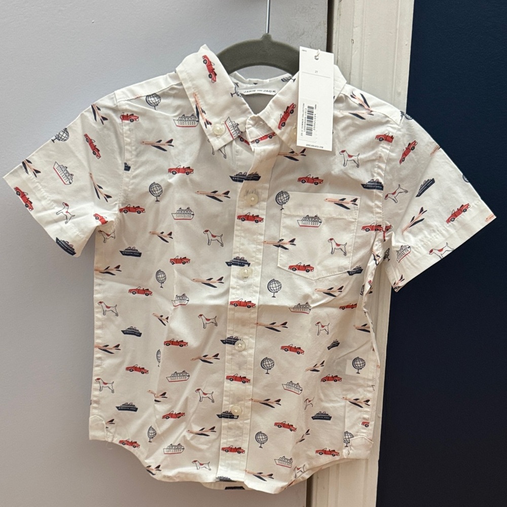 Janie and Jack White Button Down Shirt with Red and Blue Print